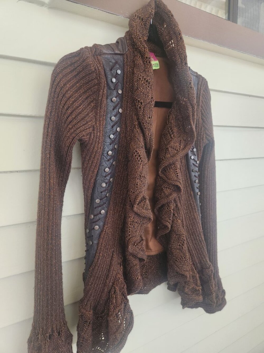 Save The Queen Knit Hooded Cardigan Sweater Brown Wool Blend S EUC - Picture 6 of 13
